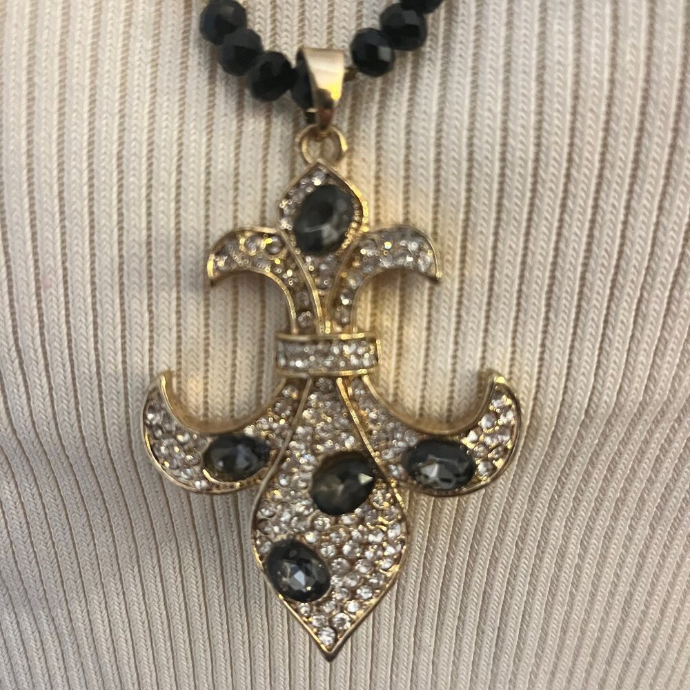 Black Beaded and Crystal Fleur-de-lis Necklace